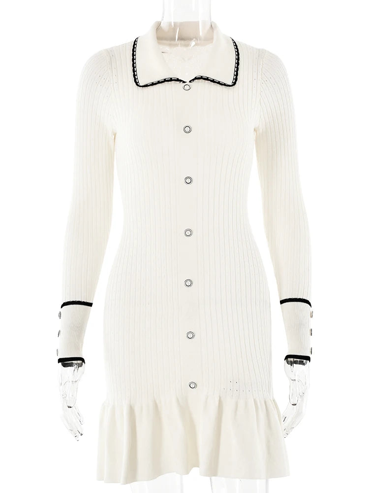 Fashion Knitted Sweater Long Sleeve Bodycon Button Women Dress Autumn/Winter New 2024 Vestido Elegant Street Clothing