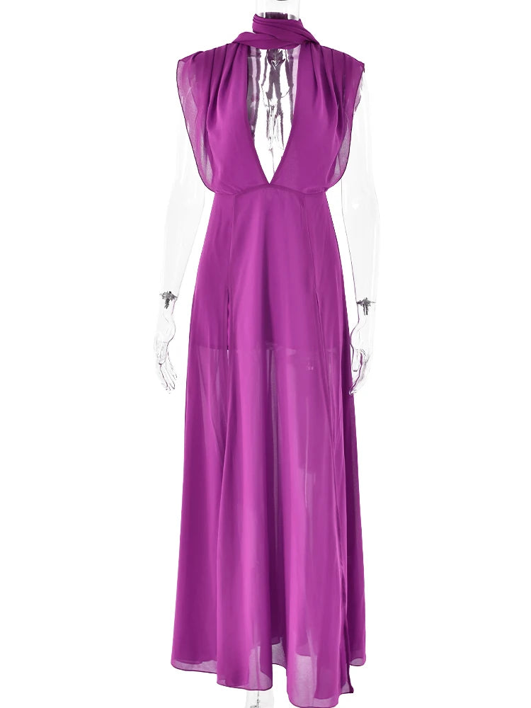 Elegant Sleeveless Bodycon Slit Party Evening Dress Women Sexy Deep V Backless Long Dress Autumn Winter Vestido 2024