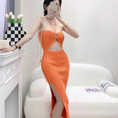 Load image into Gallery viewer, Women's Solid Elegant Sexy Club Slim Hollow Out Halter Lace-up Split Long Dress Summer Vacation Backless Knitted Party Dress
