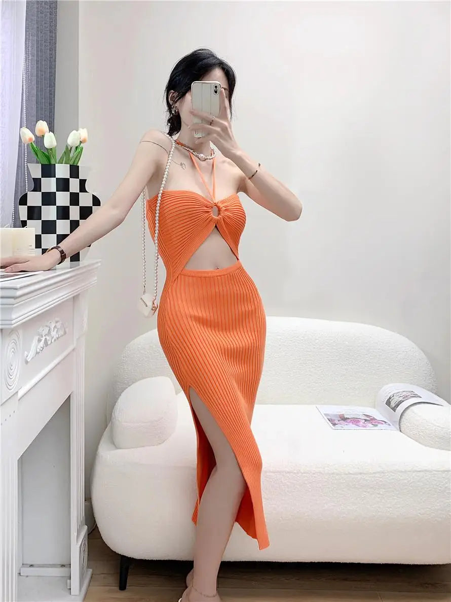 Women's Solid Elegant Sexy Club Slim Hollow Out Halter Lace-up Split Long Dress Summer Vacation Backless Knitted Party Dress