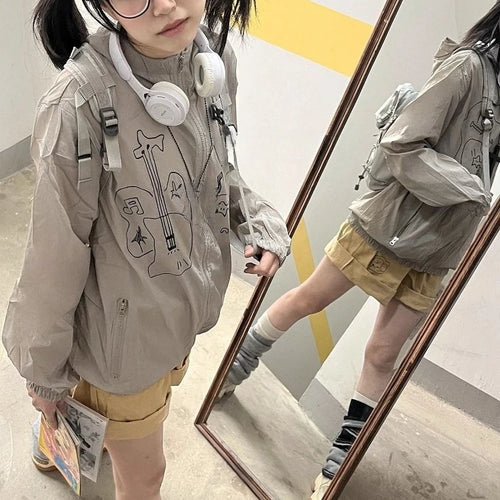 Load image into Gallery viewer, Outdoor Sun Protection Y2k Aesthetic Cartoon Jackets Women Grunge Thin Simple Hooded Coat Streetwear Casual Zipper Femme Tops
