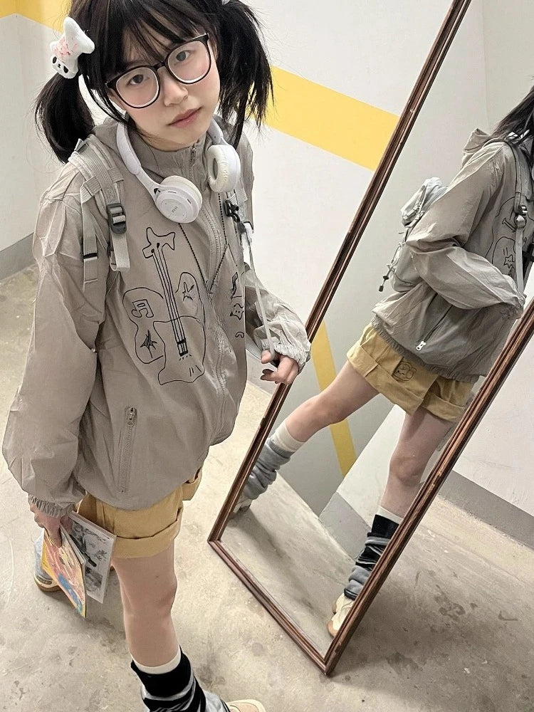 Outdoor Sun Protection Y2k Aesthetic Cartoon Jackets Women Grunge Thin Simple Hooded Coat Streetwear Casual Zipper Femme Tops