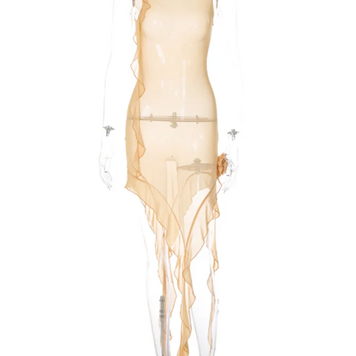 Load image into Gallery viewer, Tulle Flower Asymmetrical RUFFLES O-Neck Tank Mini Dress Women Mesh See Through Sexy Wrap Dress Elegant Slim Partywear
