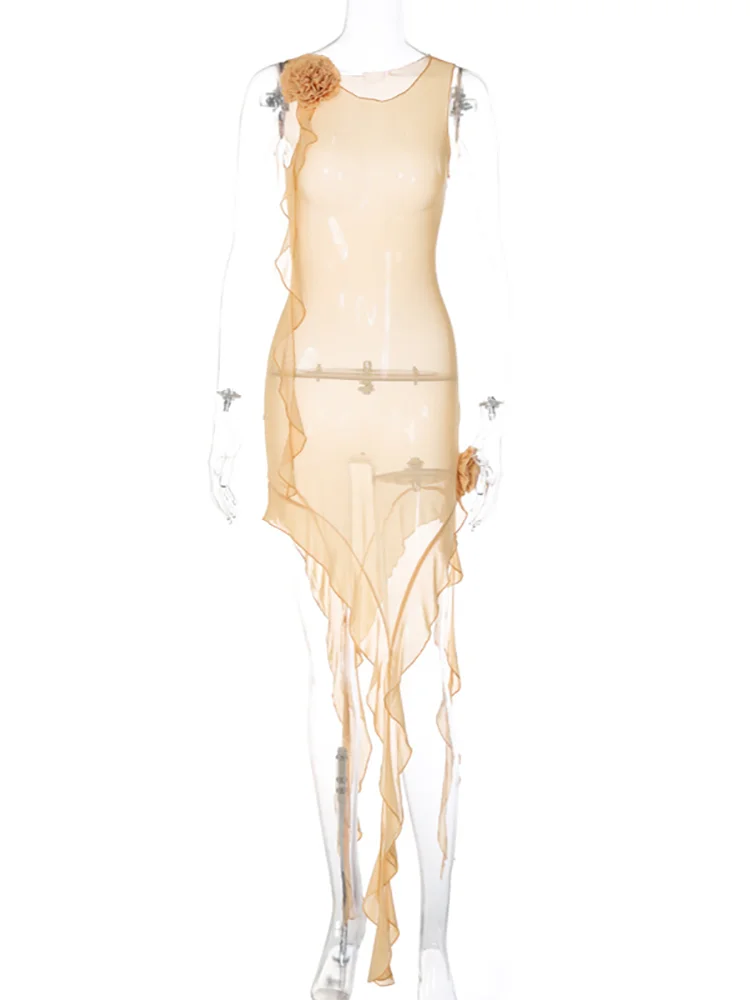 Tulle Flower Asymmetrical RUFFLES O-Neck Tank Mini Dress Women Mesh See Through Sexy Wrap Dress Elegant Slim Partywear