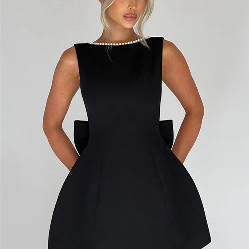 Load image into Gallery viewer, Pearl Bow Backless Sexy Mini Dress For Women Robe Fashion Zipper Sleeveless High Waist A-line Club Party Dress Elegant
