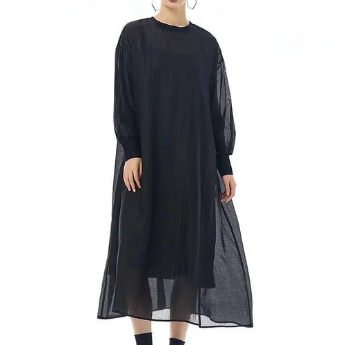 Load image into Gallery viewer, Women Khaki Mesh Perspective Big Size Thin Dress New Round Neck Long Sleeve Fashion Tide Spring Autumn 2025 1DH7412
