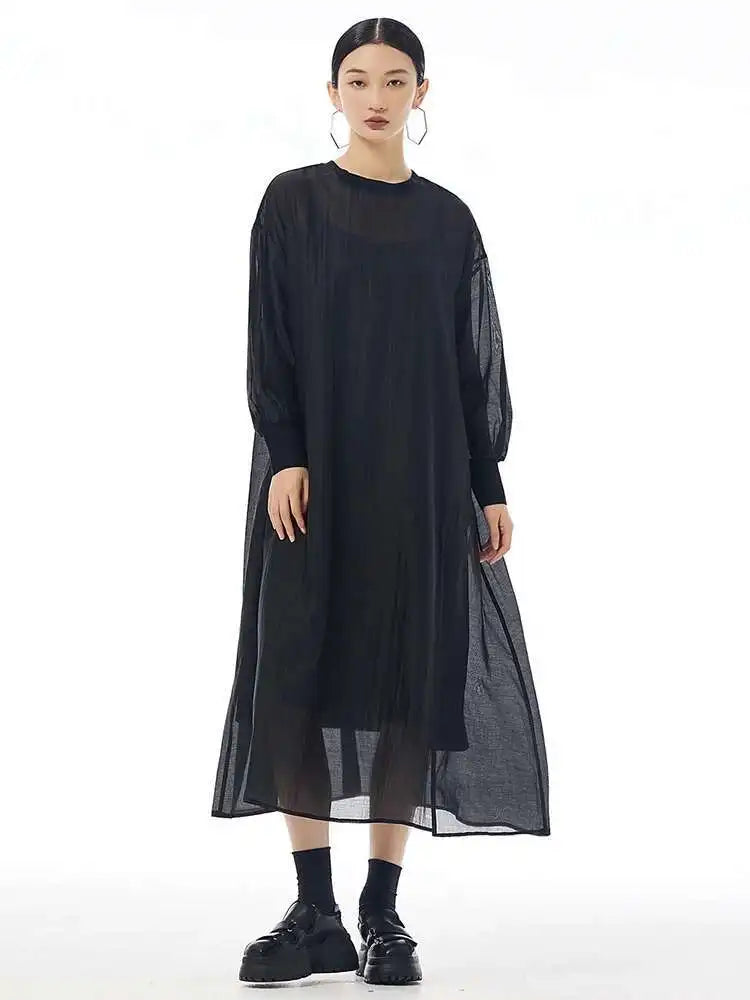 Women Khaki Mesh Perspective Big Size Thin Dress New Round Neck Long Sleeve Fashion Tide Spring Autumn 2025 1DH7412