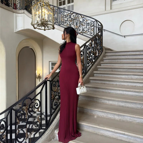 Load image into Gallery viewer, Half High Collar Sleeveless Knit Maxi Dress For Women Fashion Solid Bodycon Sexy Pleated Long Knitted Sweater Dress
