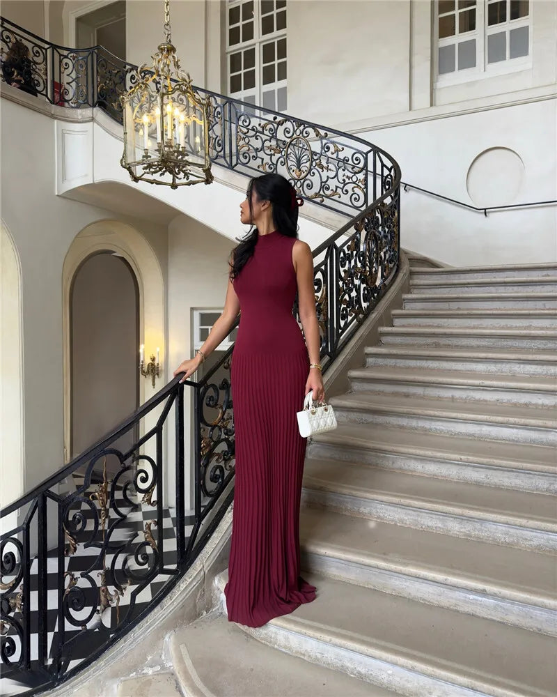 Half High Collar Sleeveless Knit Maxi Dress For Women Fashion Solid Bodycon Sexy Pleated Long Knitted Sweater Dress