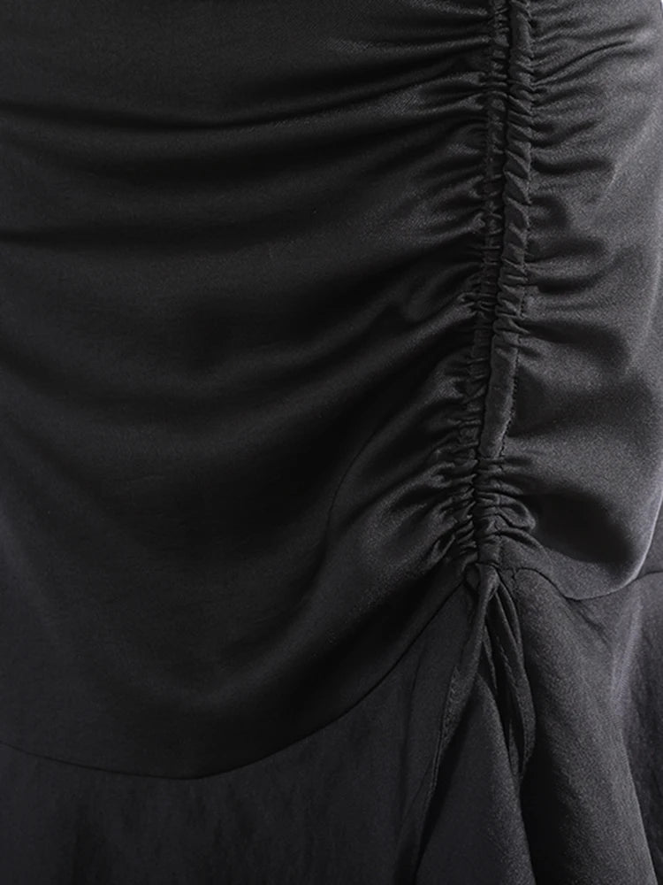 Black Patchwork Mesh Skirt For Women High Waist Chain Tassel Loose Midi Skirts Female Fashion Summer Clothing Style