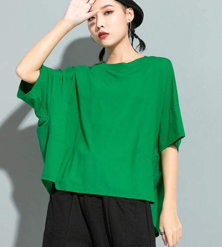 Women Green Red Back Ruffles Split Big Size T-shirt New Round Neck Half Sleeve Fashion Tide Spring Summer 2025 1U507