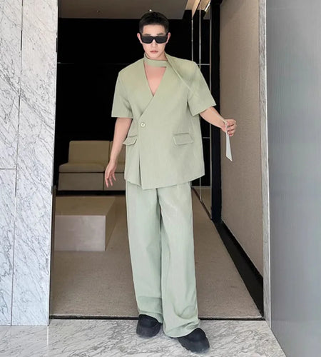 Men's Pants Set Short Sleeve Shits Loose Trendy Single Breasted Tide Solid Color Simple Top Straight Leg Trousers 9W1879