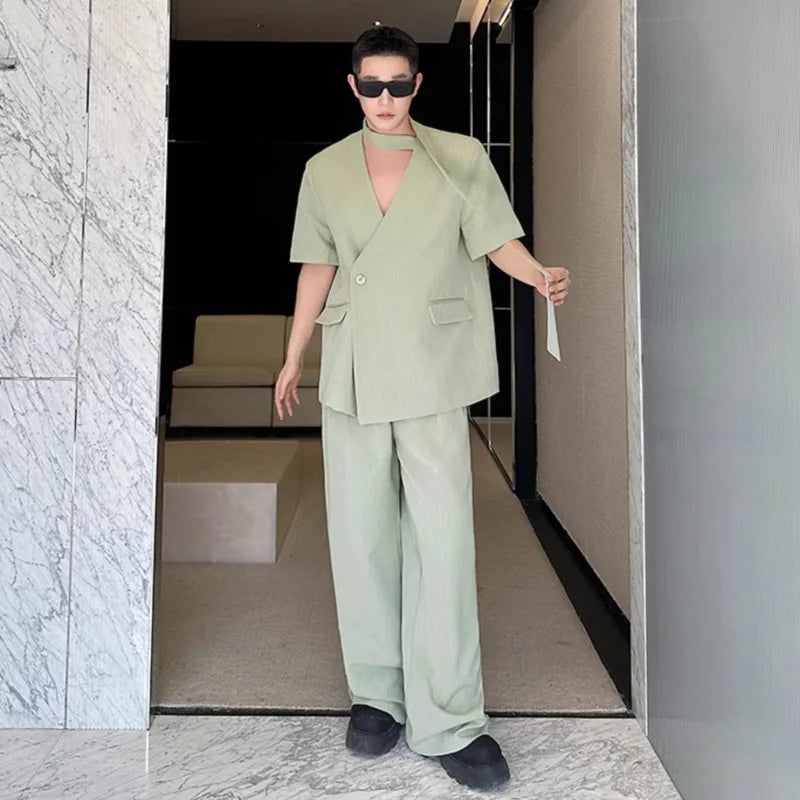 Men's Pants Set Short Sleeve Shits Loose Trendy Single Breasted Tide Solid Color Simple Top Straight Leg Trousers 9W1879