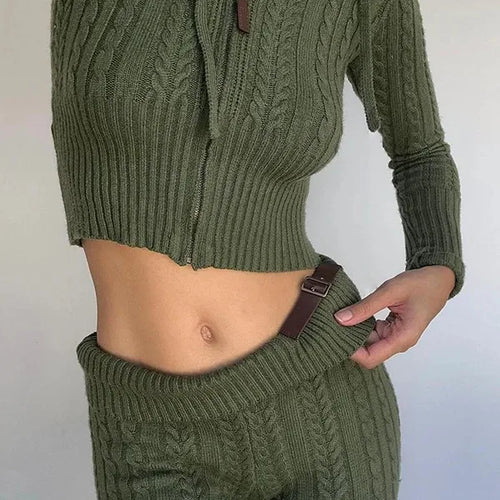 Load image into Gallery viewer, Women&#39;s Knitted Zipper Crop Hooded Sweater and Flare Pants Set, Long Sleeve, Woolen Cardigan, Spliced PU Trousers, Slim
