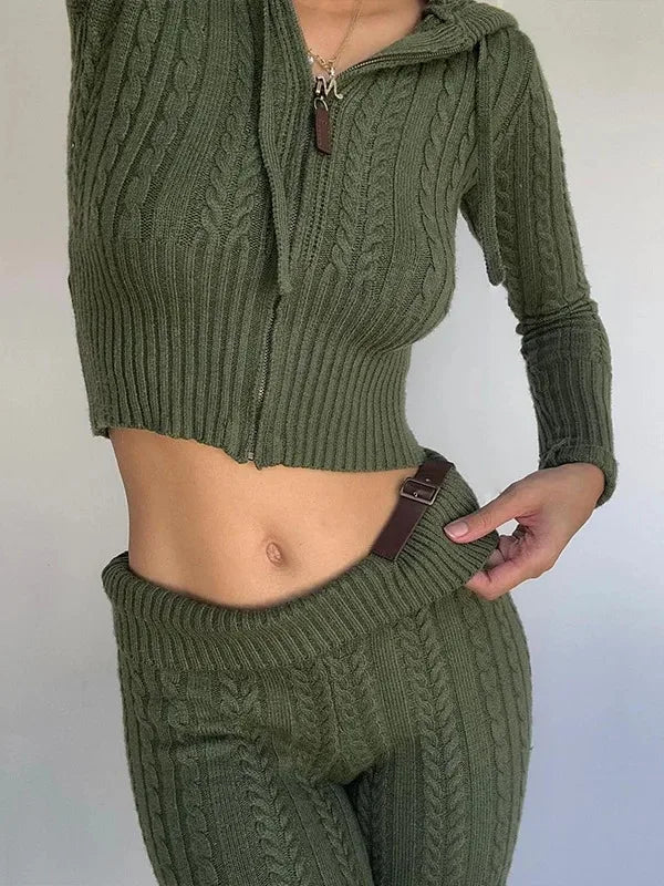 Women's Knitted Zipper Crop Hooded Sweater and Flare Pants Set, Long Sleeve, Woolen Cardigan, Spliced PU Trousers, Slim