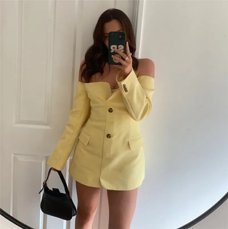 Off-shoulder Strapless Sexy Blazer Dress For Women Fashion Solid Zipper Two Pocket Long Sleeve Backless Mini Dress