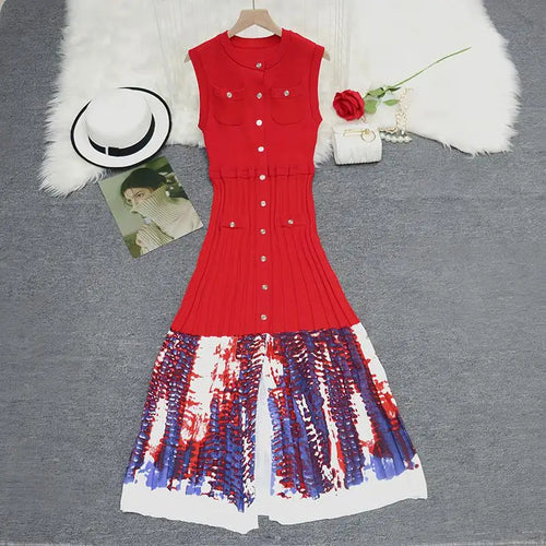 Load image into Gallery viewer, Korean Black Blue Print Patchwork Sleeveless Single Breasted Knitted Dress Women's Summer Red Elegant Round Neck Slim Long Dress
