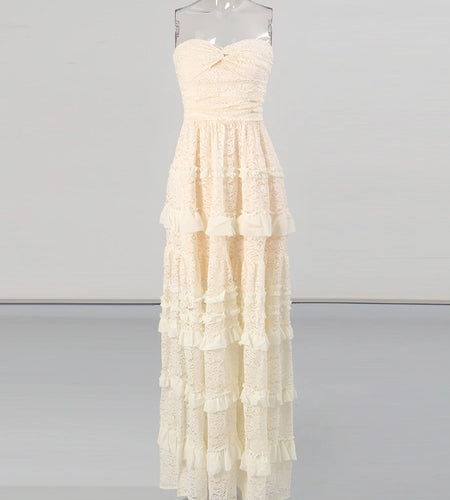 Solid Spliced Lace Elelgant Dresses for Women Strapless Sleeveless Tunic Patchwork Ruffles Folds Long Dress Female