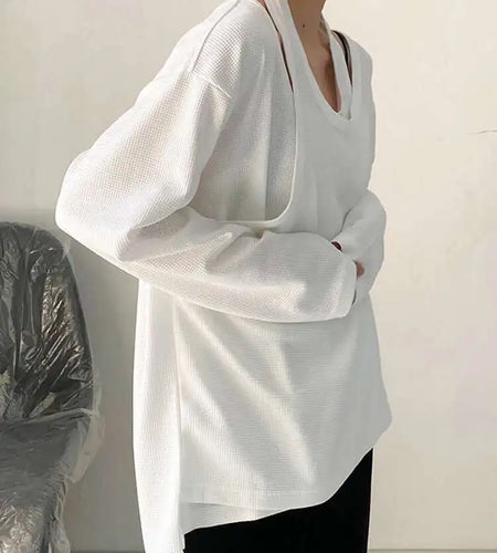 Women White Irregular False Two Big Size Casual T-shirt New Round Neck Long Sleeve Fashion Tide Spring Autumn 2025 1DF8508