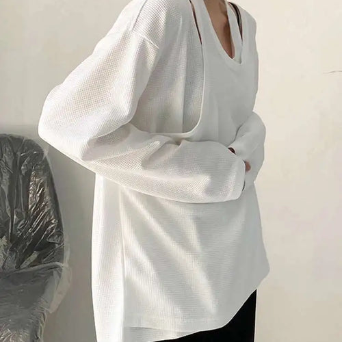 Load image into Gallery viewer, Women White Irregular False Two Big Size Casual T-shirt New Round Neck Long Sleeve Fashion Tide Spring Autumn 2025 1DF8508
