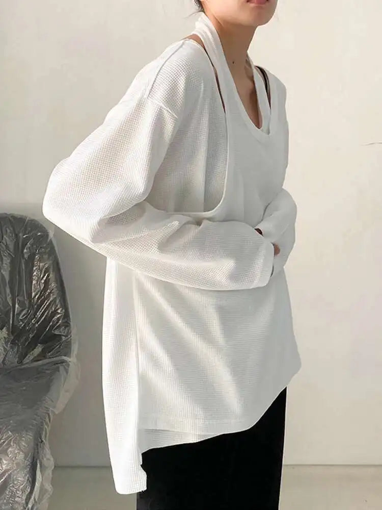 Women White Irregular False Two Big Size Casual T-shirt New Round Neck Long Sleeve Fashion Tide Spring Autumn 2025 1DF8508