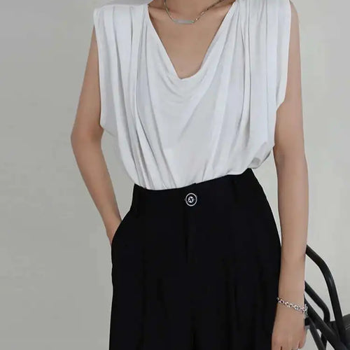 Load image into Gallery viewer, Women White Army Green Pleated Elegant Big Size T-shirt New Round Neck Sleeveless Fashion Tide Spring Summer 2025  1DF5071
