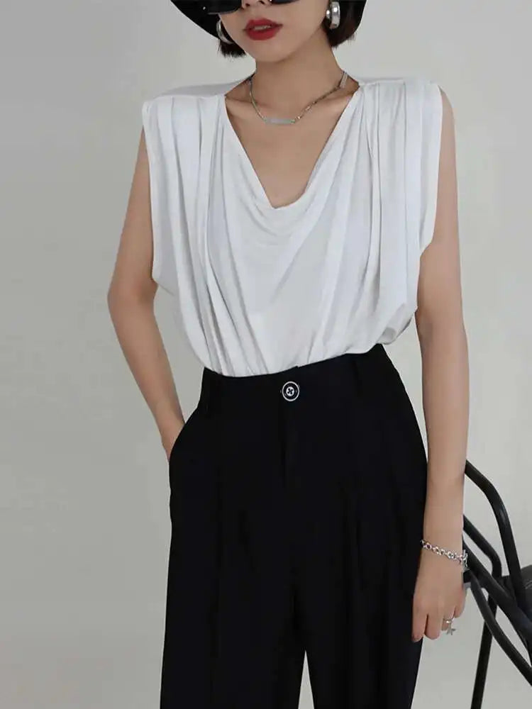 Women White Army Green Pleated Elegant Big Size T-shirt New Round Neck Sleeveless Fashion Tide Spring Summer 2025  1DF5071