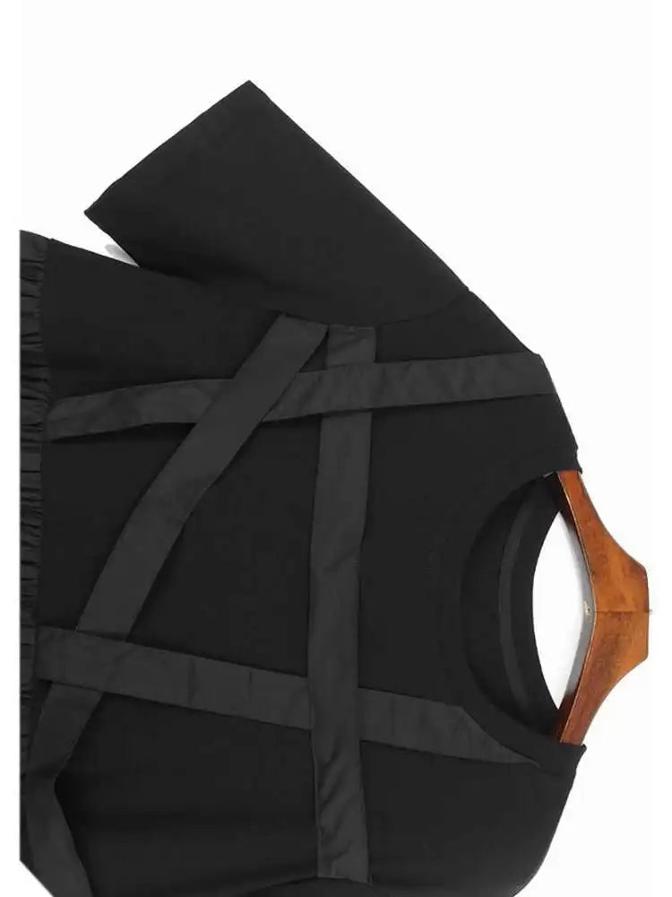 Women Black Ribbons Design Big Size Midi Dress New Round Neck Short Sleeve Fashion Tide Spring Summer 2025 1DH5566