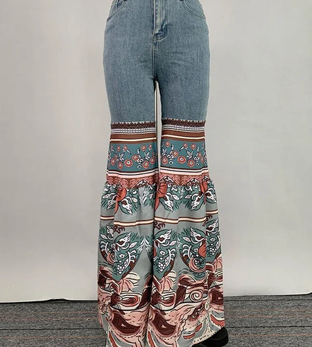 Womens Jeans Pants Autumn Winter Blue Vintage Floral Printed Bottoms with Pockets Woman High-Waisted Flared Pants