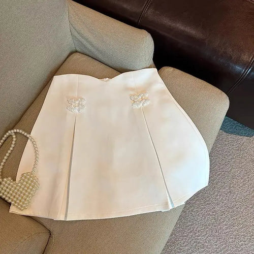 Load image into Gallery viewer, White Chinese Style Button Up Mini Skirts Women Black High Waisted Pleated A-line Wrapped Hip Short Skirt Chic Korean 2024 Retro
