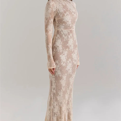 Load image into Gallery viewer, Lace Print Long Sleeve Sexy Maxi Dress For Women White Zipper Half High Collar Bodycon Fashion Elegant Long Dress
