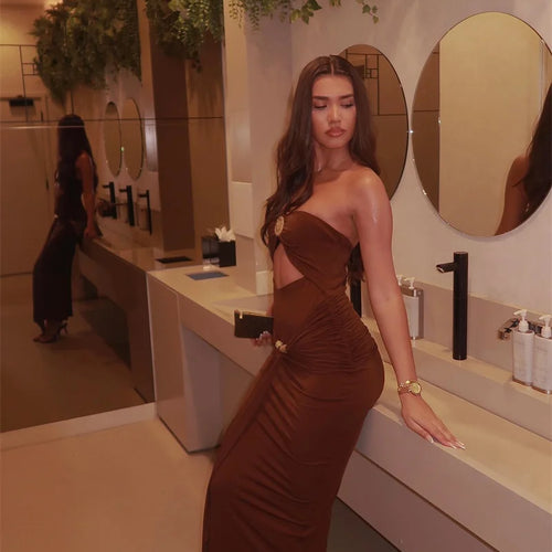 Load image into Gallery viewer, Hollow Out Backless Sexy Maxi Dress Women Gown Summer New Off-shoulder Strapless Sleeveless Ruched Club Long Dress
