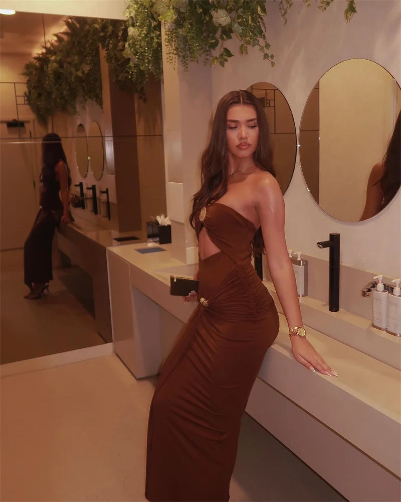 Hollow Out Backless Sexy Maxi Dress Women Gown Summer New Off-shoulder Strapless Sleeveless Ruched Club Long Dress