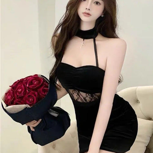 Load image into Gallery viewer, Sexy Lace Bodycon Halter Dress Black Backless Wrap Off Shoulder Mini Short Dresses Night Club Party Outfits
