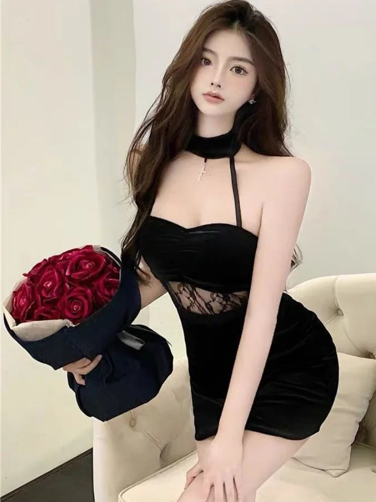 Sexy Lace Bodycon Halter Dress Black Backless Wrap Off Shoulder Mini Short Dresses Night Club Party Outfits