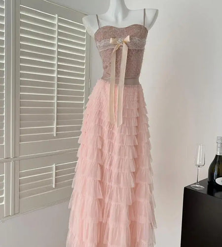 Summer 2025 Women's Fashion Brown Lace Slim Sleeveless Bow Slip Tops + Pink High Waist Pleated Cake Long Skirts Two Pieces Sets