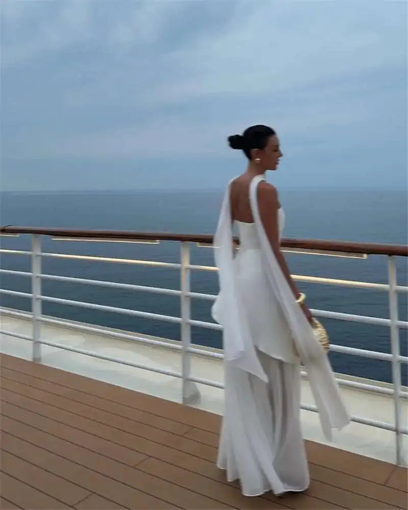 Elegant Strapless Sexy Maxi Dress For Women Gown With Scarf Off-shoulder Sleeveless Backless Split Beach Long Dress