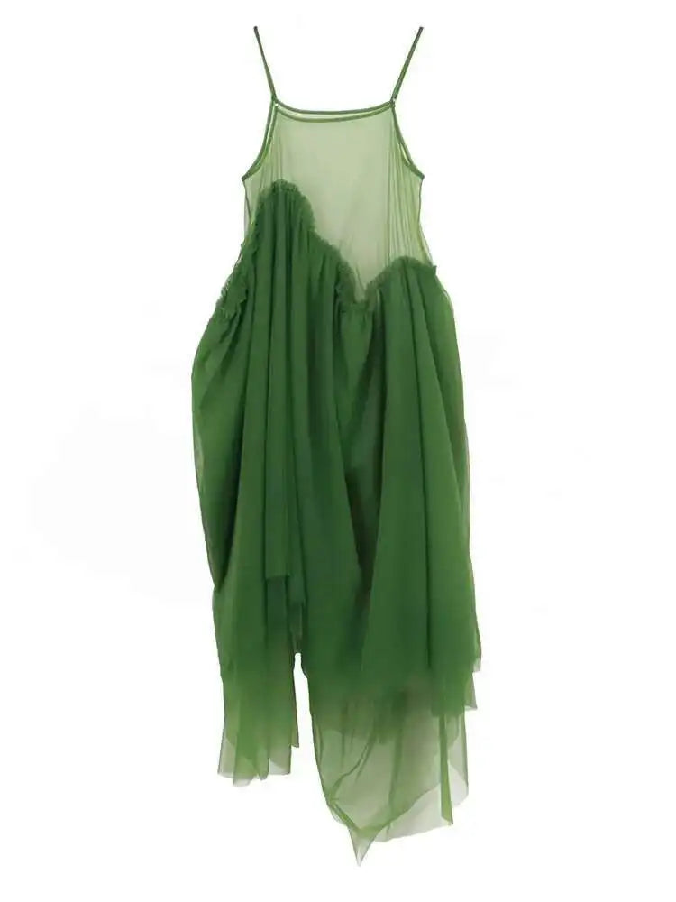 Women Green Mesh Layers Elegant Spaghetti Strap Dress New Square Collar Sleeveless Fashion Tide Spring Autumn 2025 1DJ0363