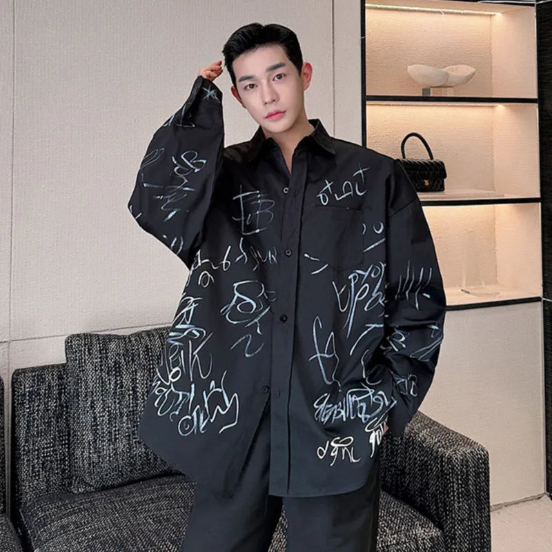Graffiti Design Men's Shirt Korean Style Male Long Sleeve Turn-down Collar Casual Tops 2024 Autumn New Trendy Shirts 9C5105
