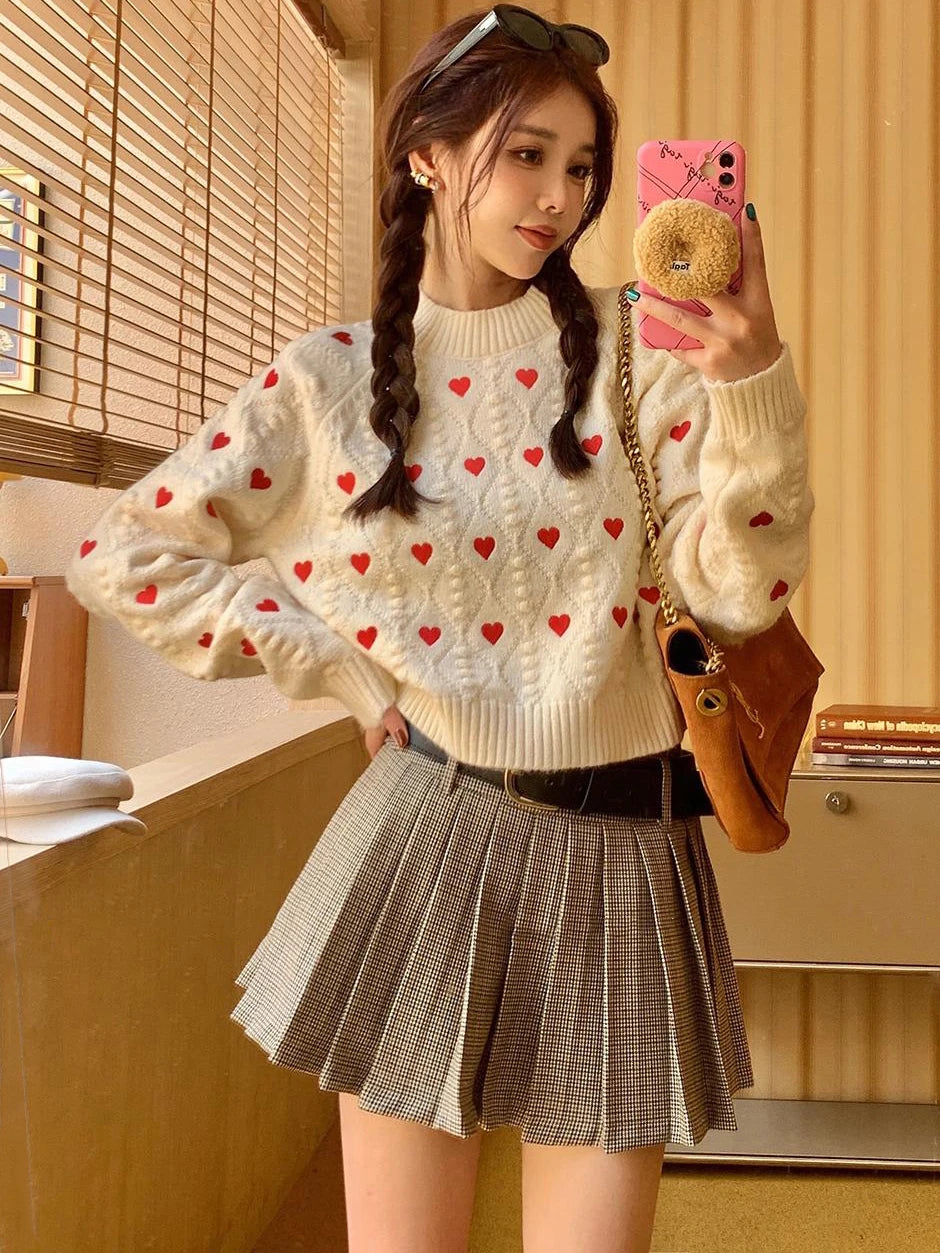 Women Fashion Heart Love Embroidery Knitted Pullover Sweater Vintage Long Sleeves O-Neck Female Chic Lady Tops C-153