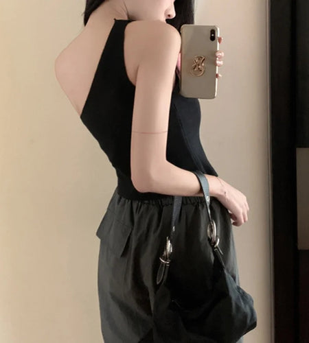 y2k Tops Women Summer Solid Color One Shoulder Sleeveless Asymmetrical Hem T Shirt Vest 2000s Clothing Streetwear