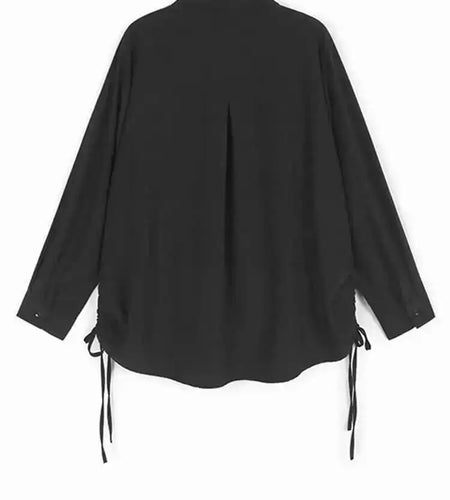 Women Black Flower Drawstring Big Size Casual Blouse New Lapel Long Sleeve Shirt Fashion Tide Spring Autumn 2025 1DH9967