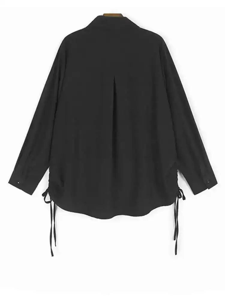 Women Black Flower Drawstring Big Size Casual Blouse New Lapel Long Sleeve Shirt Fashion Tide Spring Autumn 2025 1DH9967