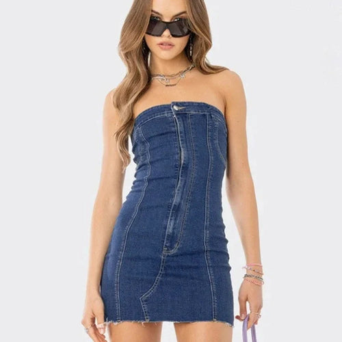 Load image into Gallery viewer, Sexy Blue Denim Summer Dresses 2023 Women Y2k Clothes Street Style Jeans Tube Top Backless Bodycon Mini Dress C85-DI34
