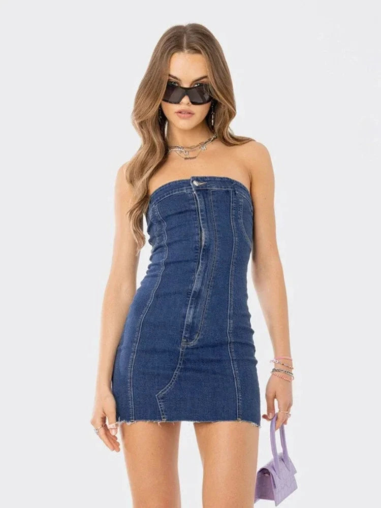 Sexy Blue Denim Summer Dresses 2023 Women Y2k Clothes Street Style Jeans Tube Top Backless Bodycon Mini Dress C85-DI34