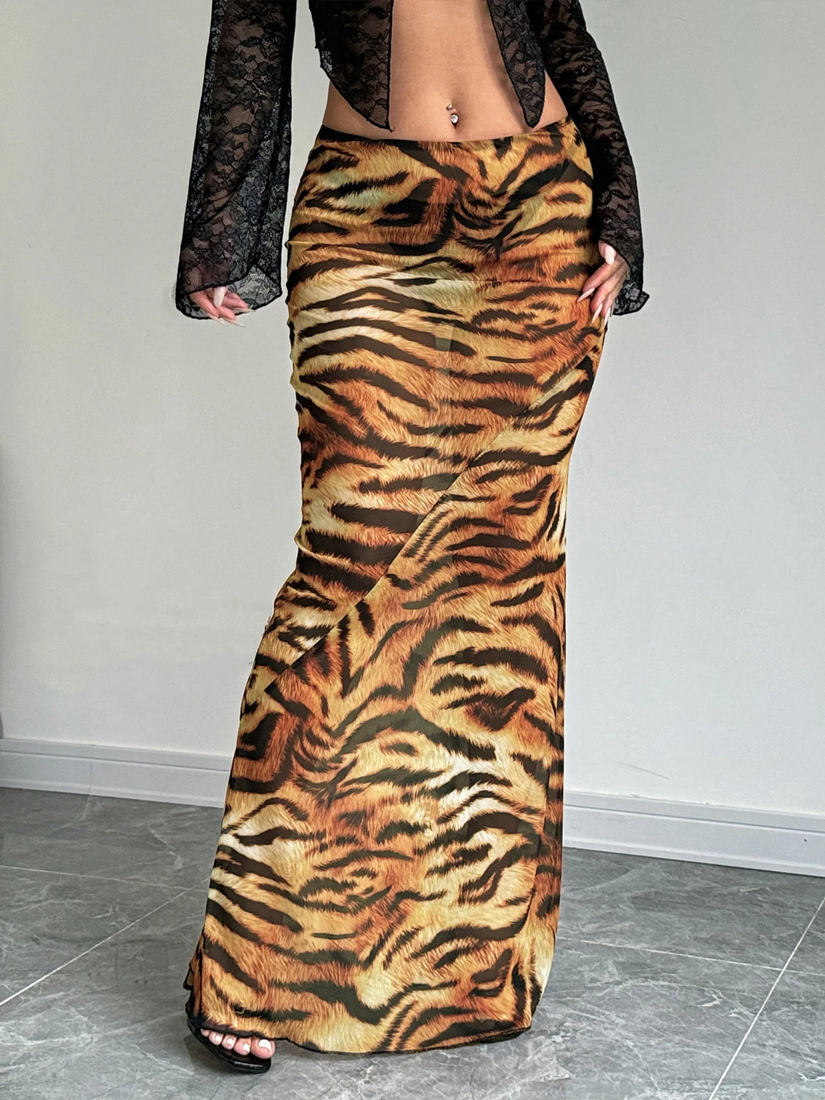 Mesh Print High Waist Sexy See Through Slim Maxi Skirt Summer Women Fashion Outfits Streetwear Festival Y2K Clothes