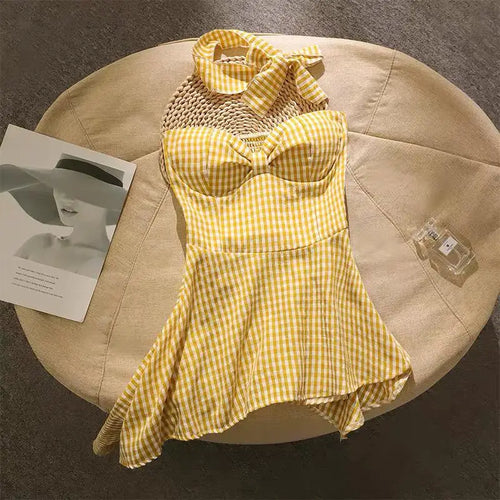 Load image into Gallery viewer, Summer French Plaid Off Shoulder Sleeveless Irregular Strapless Tops Women Backless High Waist Slim Short Top Fashion Clothing
