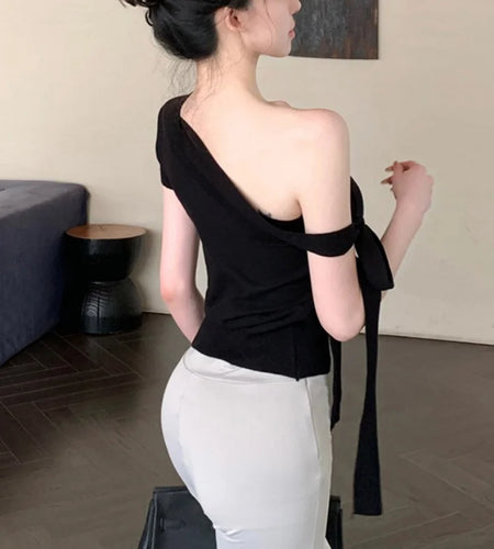 y2k Crop Tops Women Clothes Contrast Color Tie up Shoulders Contrast Color Asymmetrical T Shirts Vest 2000s Streetwear