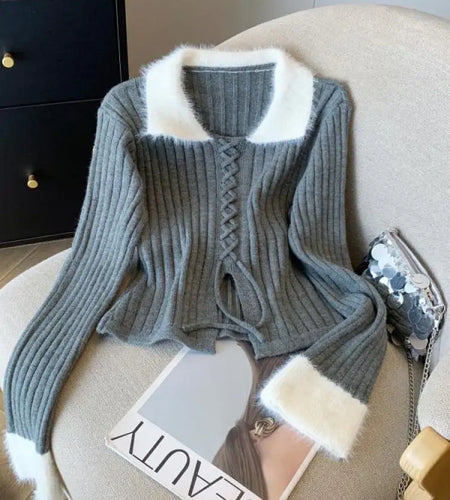French Fashion Women Black Beige Patchwork Elegant Long Sleeve Sweaters 2024 New Autumn Winter Vintage Lace-up Knit Cotton Tops