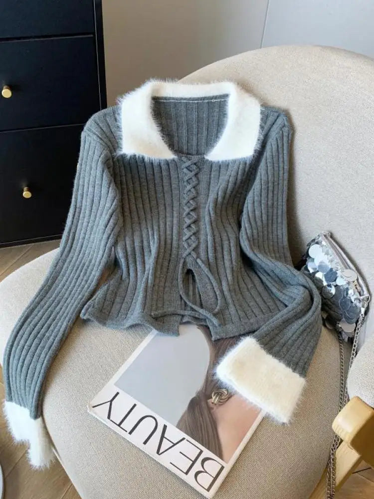 French Fashion Women Black Beige Patchwork Elegant Long Sleeve Sweaters 2024 New Autumn Winter Vintage Lace-up Knit Cotton Tops
